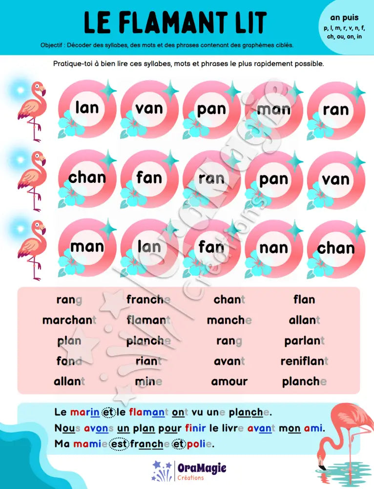 Le flamant lit - Décodage de syllabes et de vrais mots contenant an p f l m r ch v n ou on in + voyelles - Produit