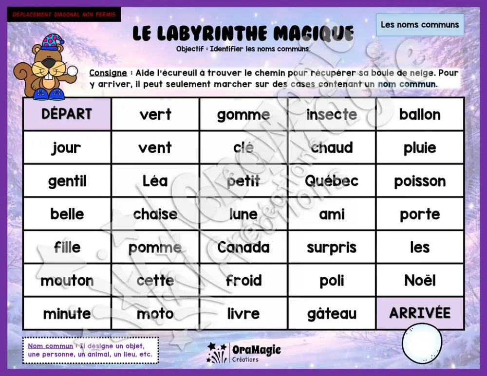Le labyrinthe magique des classes de mots - Thème Hiver