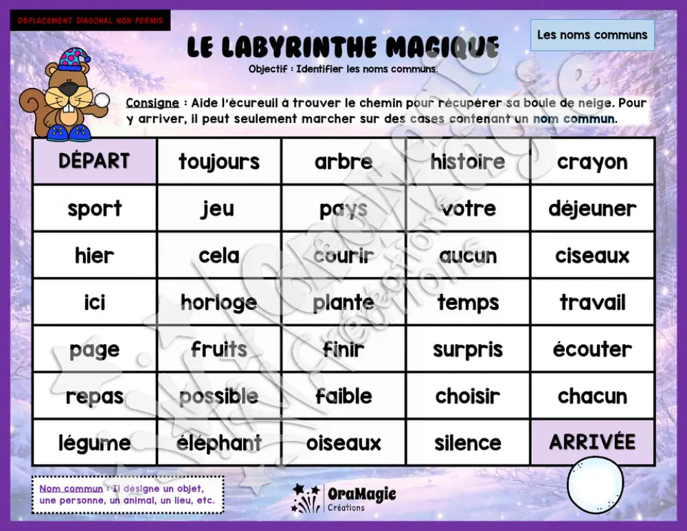 Le labyrinthe magique des classes de mots - Thème Hiver