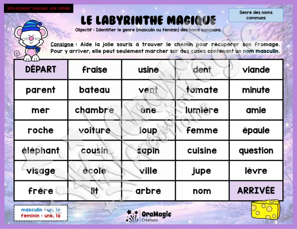 Le labyrinthe magique du genre des noms communs - Thème Hiver