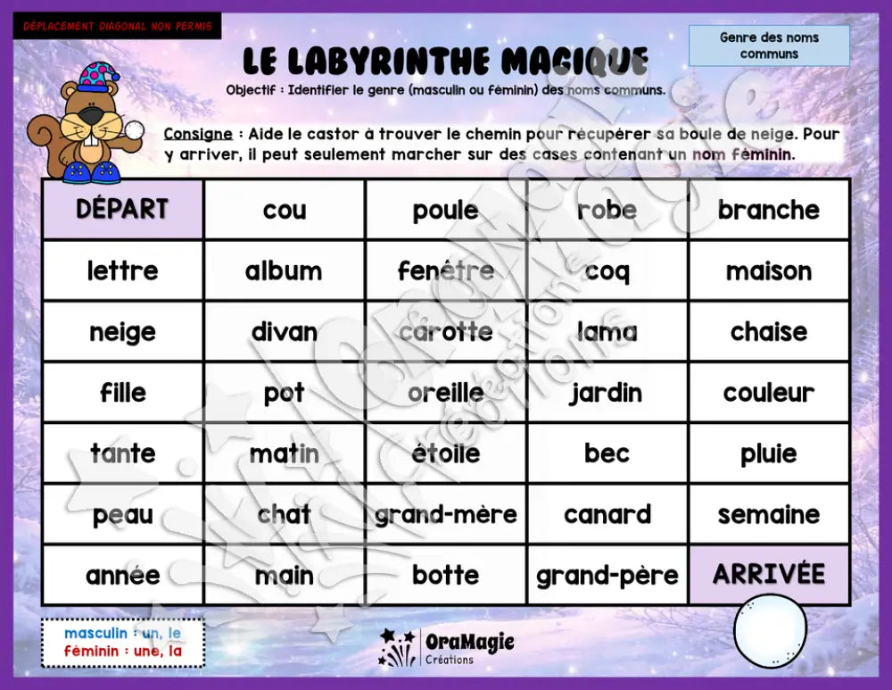Le labyrinthe magique du genre des noms communs - Thème Hiver