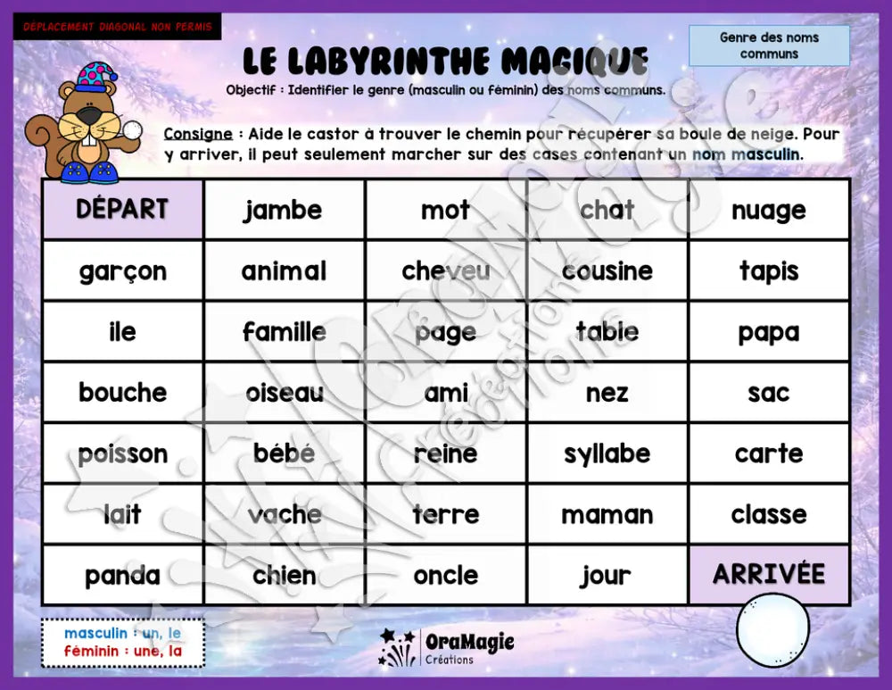 Le labyrinthe magique du genre des noms communs - Thème Hiver