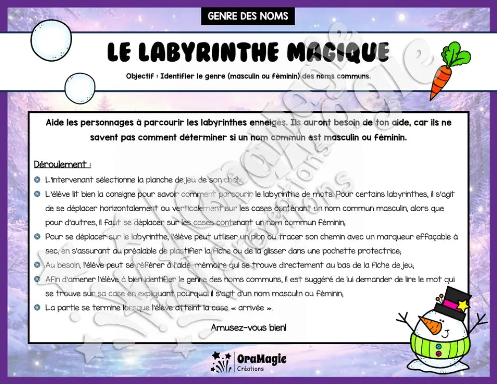 Le labyrinthe magique du genre des noms communs - Thème Hiver - 1re et 2e année.pdf