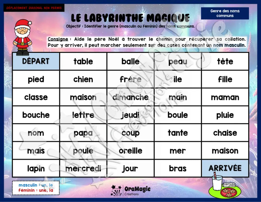 Le labyrinthe magique du genre des noms communs - Thème Noël