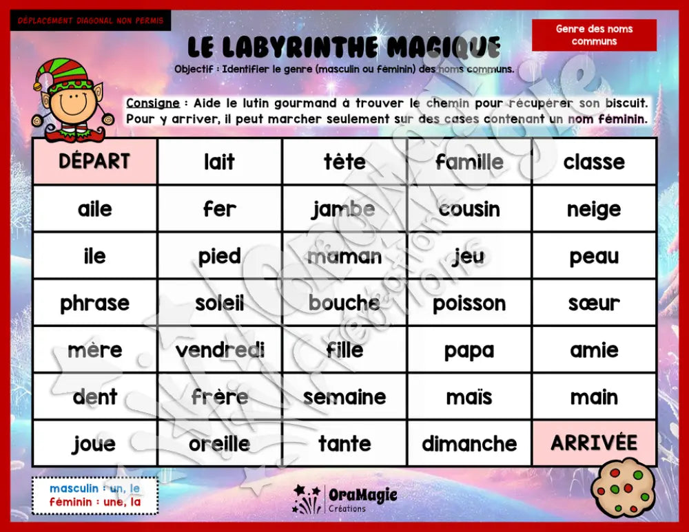Le labyrinthe magique du genre des noms communs - Thème Noël