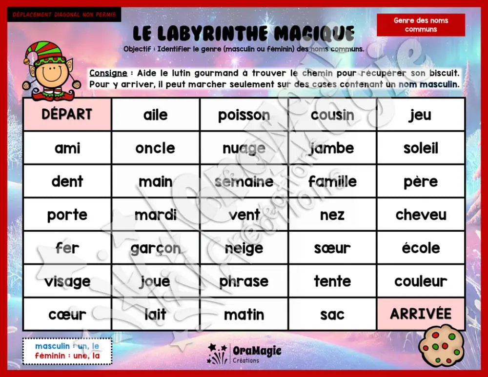 Le labyrinthe magique du genre des noms communs - Thème Noël