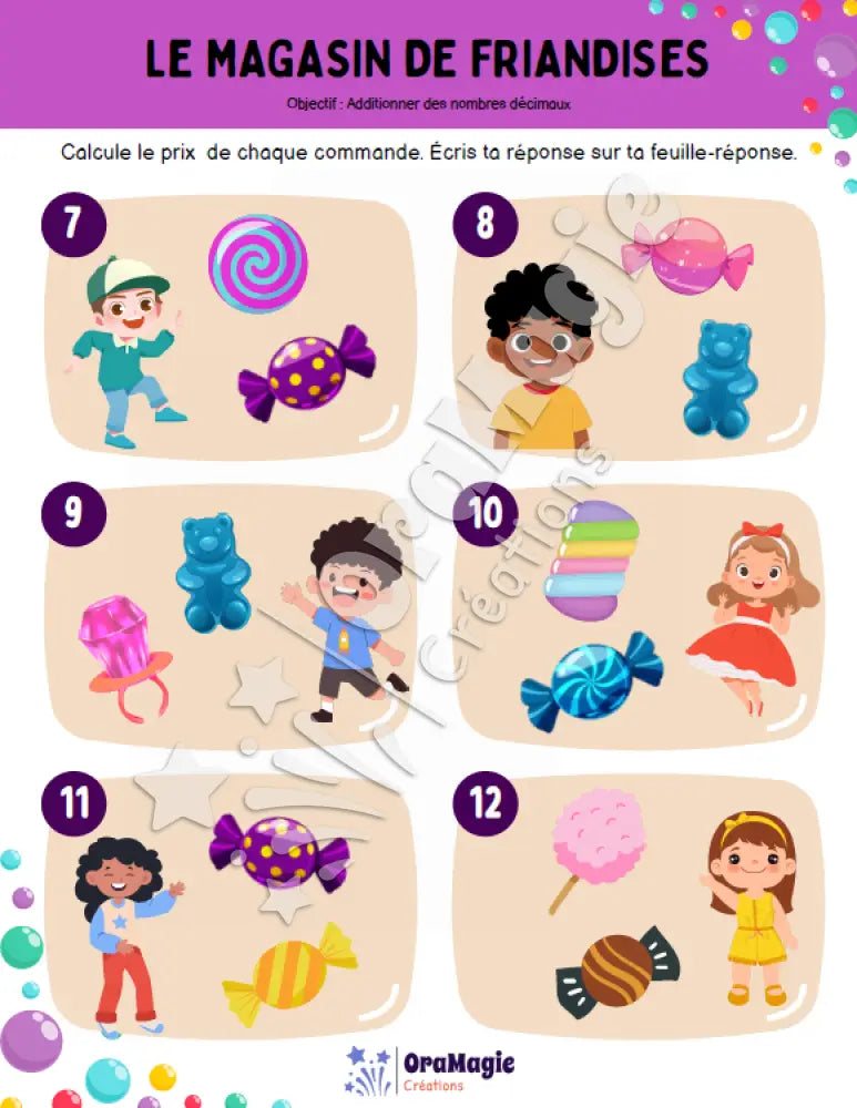 Le magasin de friandises - Addition de nombres décimaux - 3e et 4e années - Produit numérique