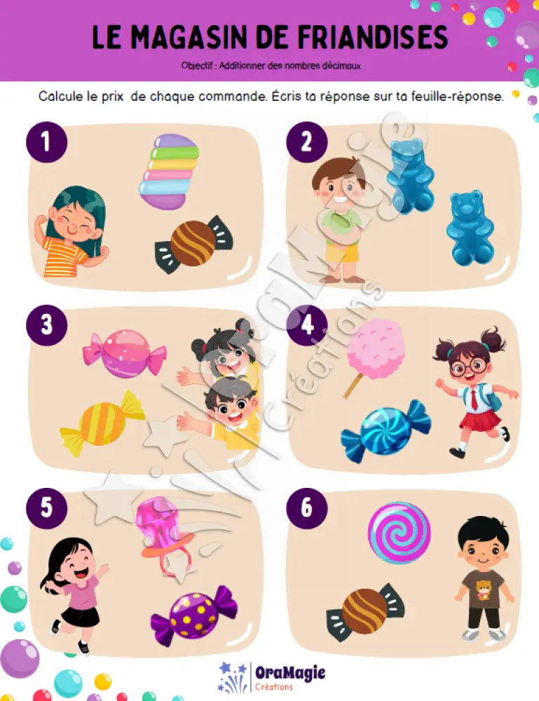 Le magasin de friandises - Addition de nombres décimaux - 3e et 4e années - Produit numérique