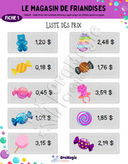 Le magasin de friandises - Addition de nombres décimaux - 3e et 4e années - Produit numérique