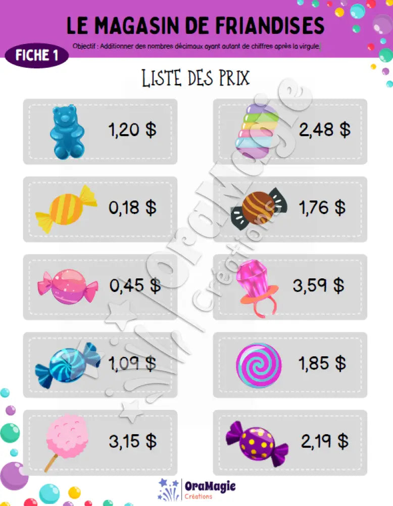 Le magasin de friandises - Addition de nombres décimaux - 3e et 4e années - Produit numérique