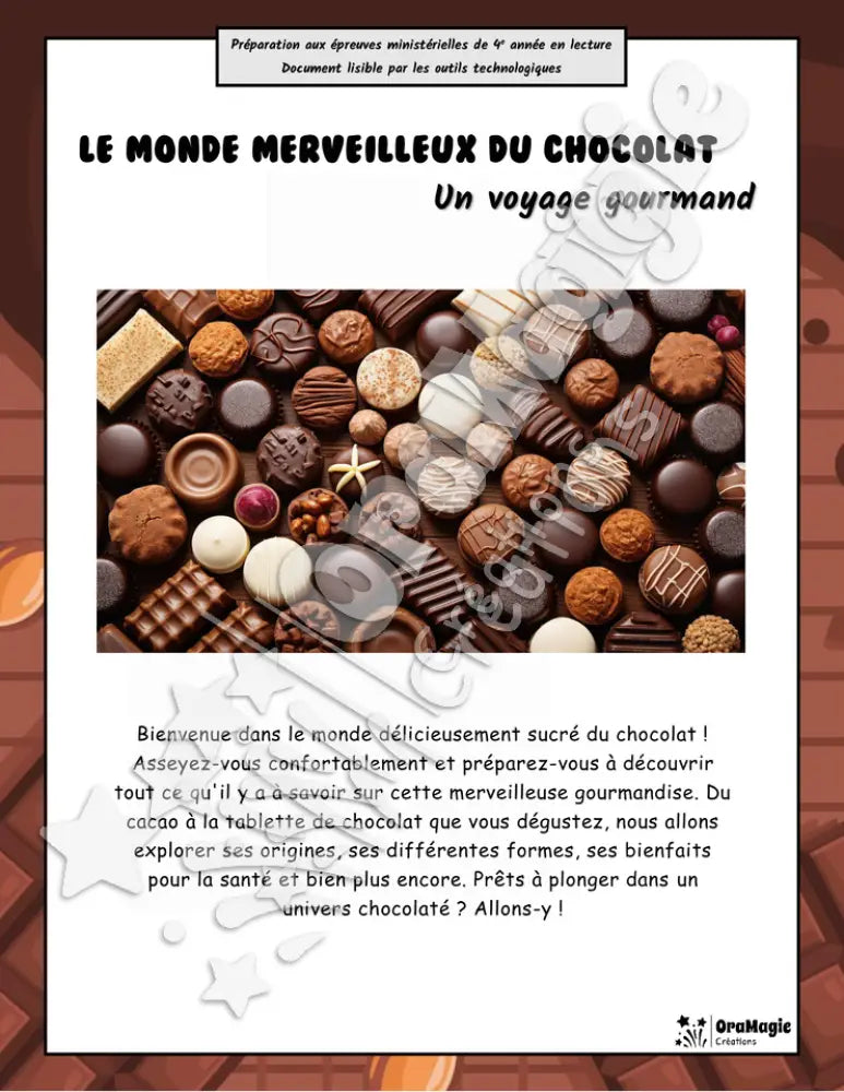 Le monde merveilleux du chocolat - Compréhension lecture 4e année - Préparation examen ministère.pdf