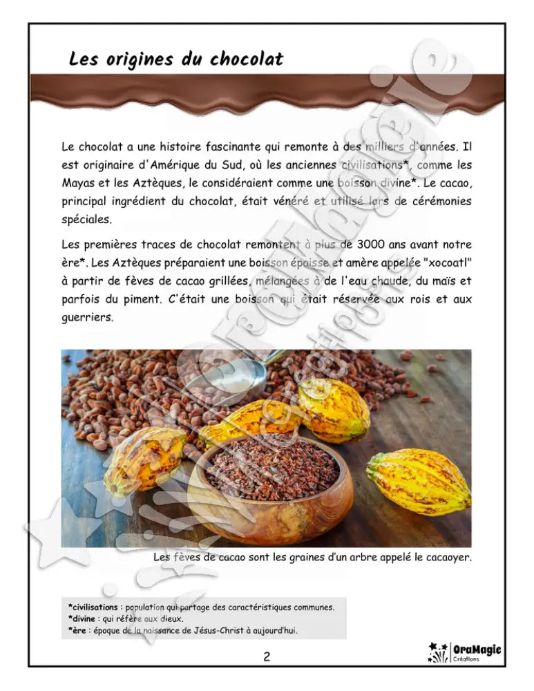 Le monde merveilleux du chocolat - Compréhension lecture 4e année