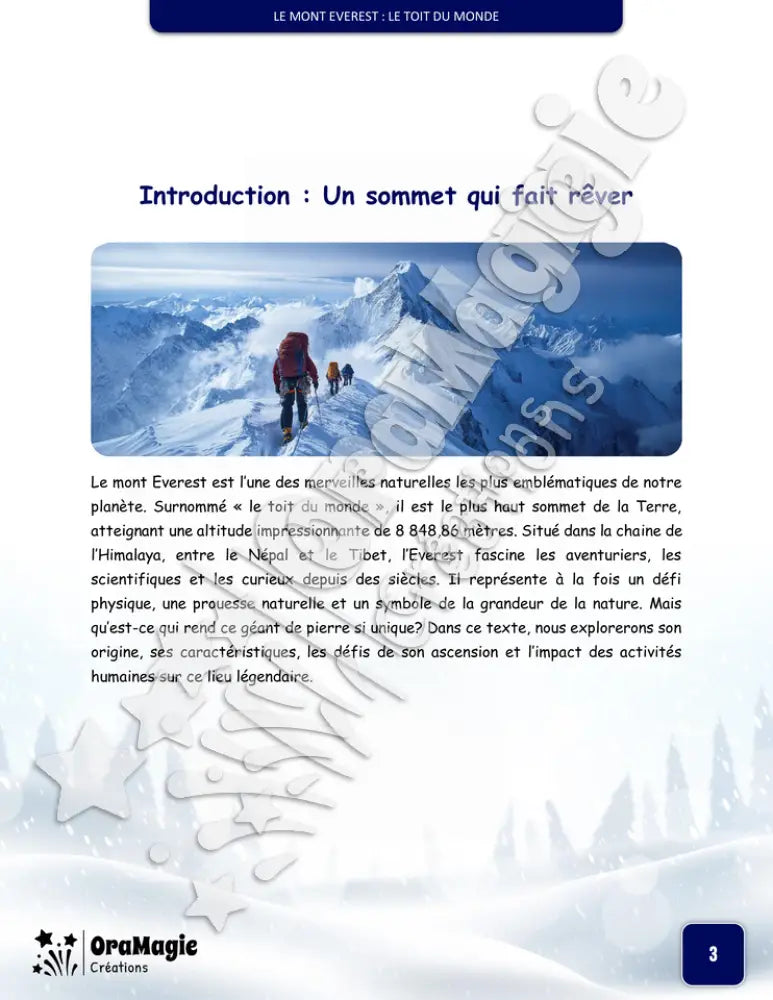 Le mont Everest - Compréhension lecture 6e année - Texte courant - Préparation examen ministère