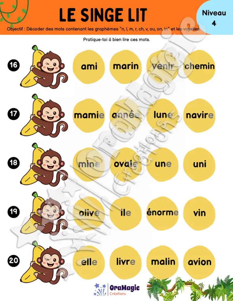 Le singe lit - Décodage syllabes et mots