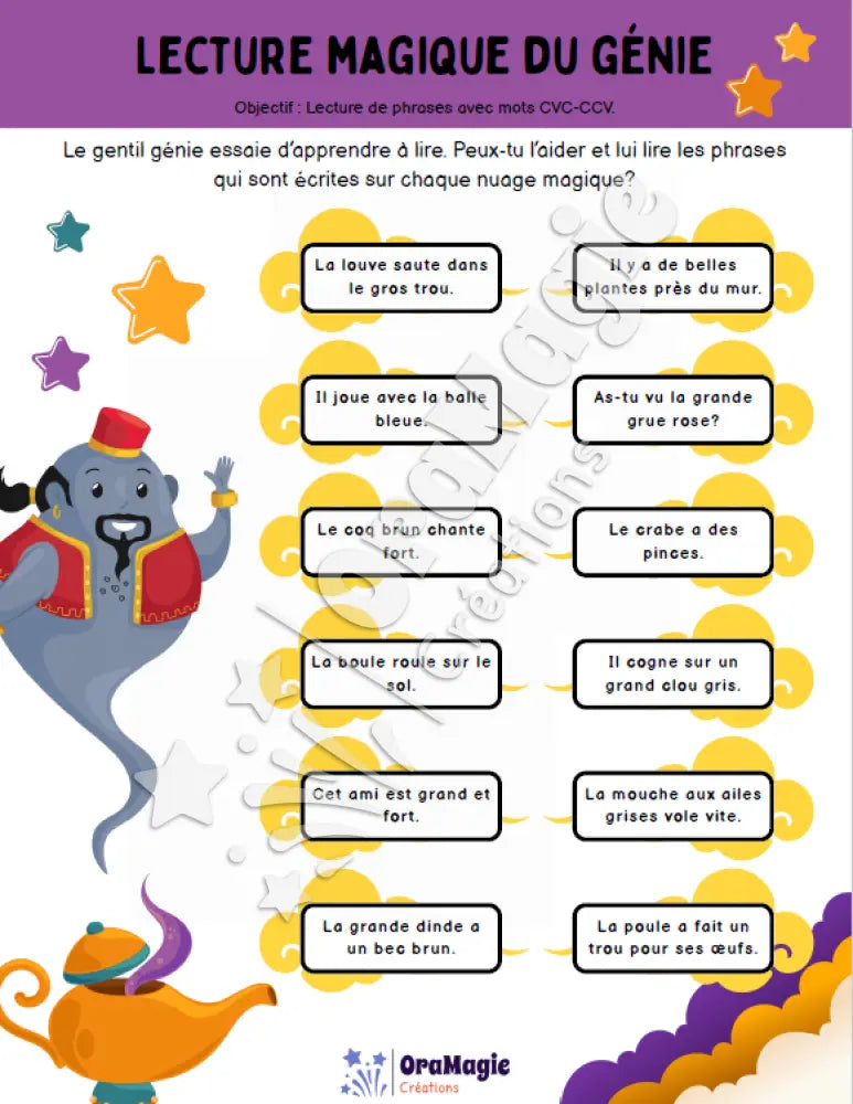 Lecture magique du génie - Phrases avec mots CVC-CCV - Produit numérique