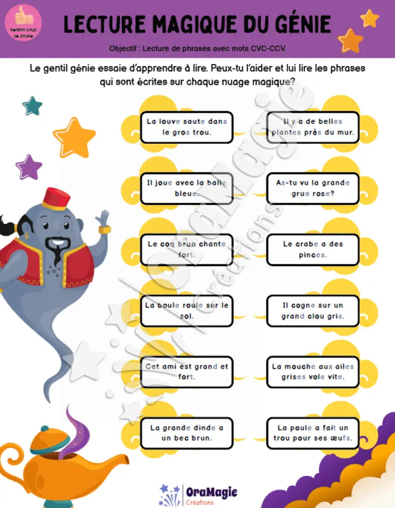 Lecture magique du génie - Phrases avec mots CVC-CCV - Produit numérique