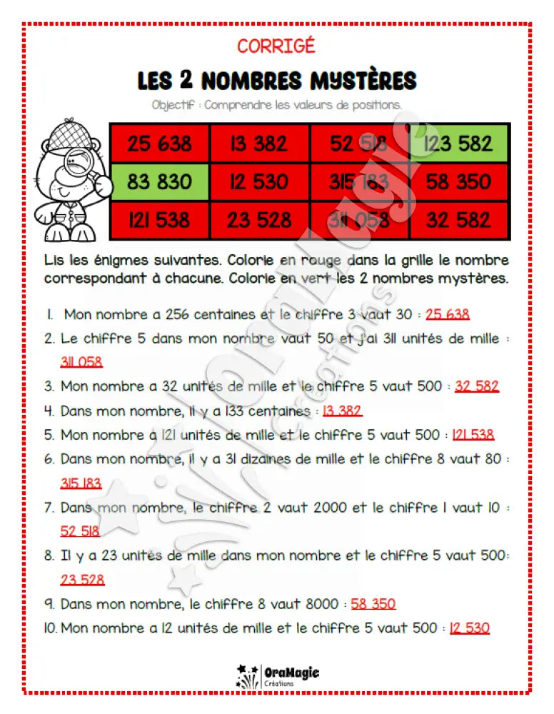 Les 2 nombres mystères - Le détective - Valeurs de positions - 5e et 6e années - Produit numérique