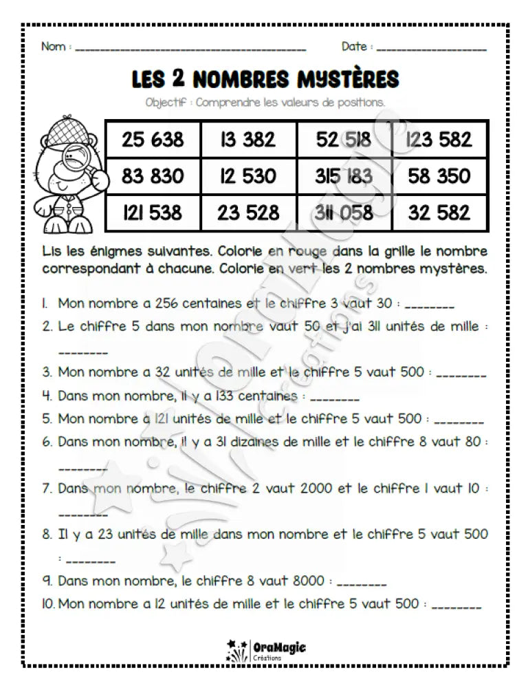 Les 2 nombres mystères - Le détective - Valeurs de positions - 5e et 6e années - Produit numérique