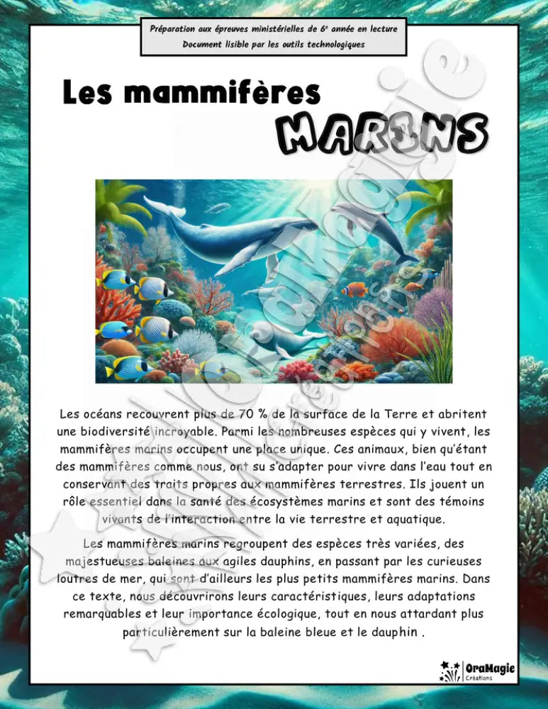 Les mammifères marins - Compréhension lecture 6e année - Texte courant - Préparation examen ministère - 5$.pdf