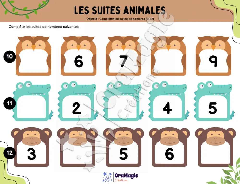 Les suites animales - Compléter les suites de nombres 0-10 - Produit numérique