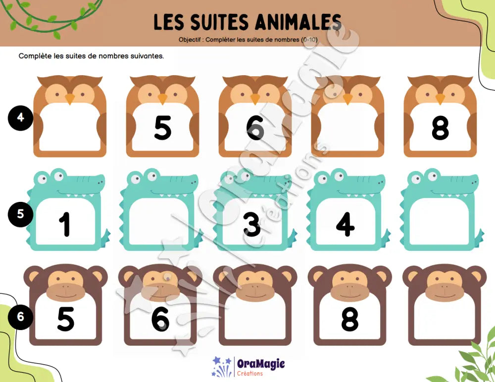 Les suites animales - Compléter les suites de nombres 0-10 - Produit numérique