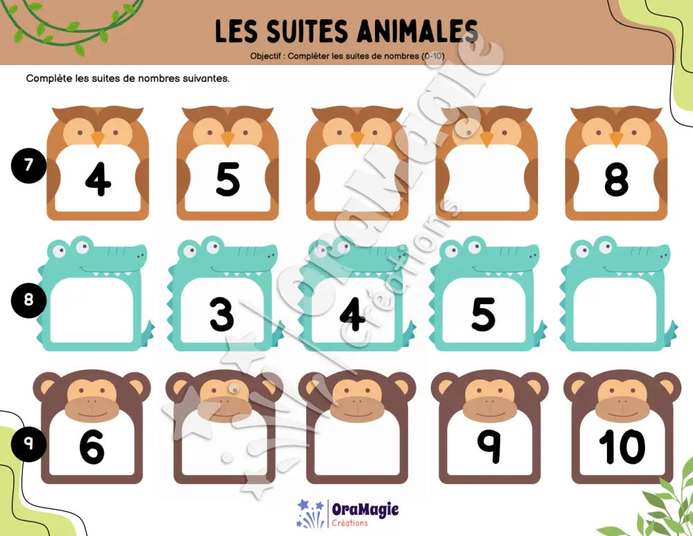 Les suites animales - Compléter les suites de nombres 0-10 - Produit numérique