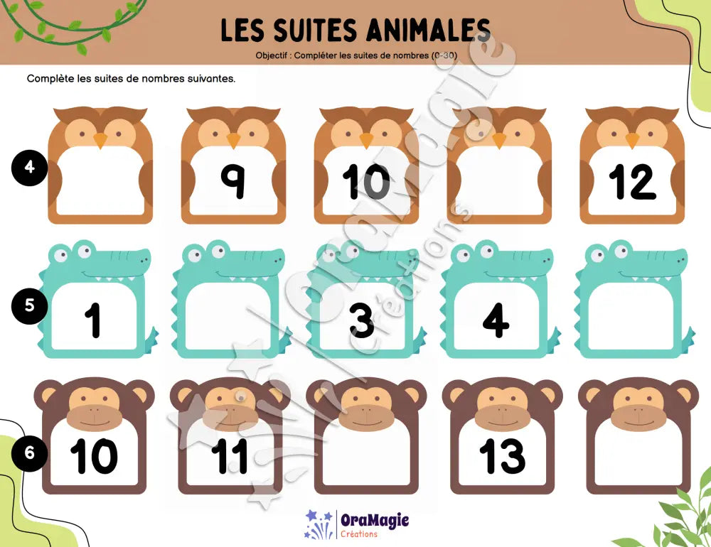 Les suites animales - Compléter les suites de nombres 0-30 - Produit numérique