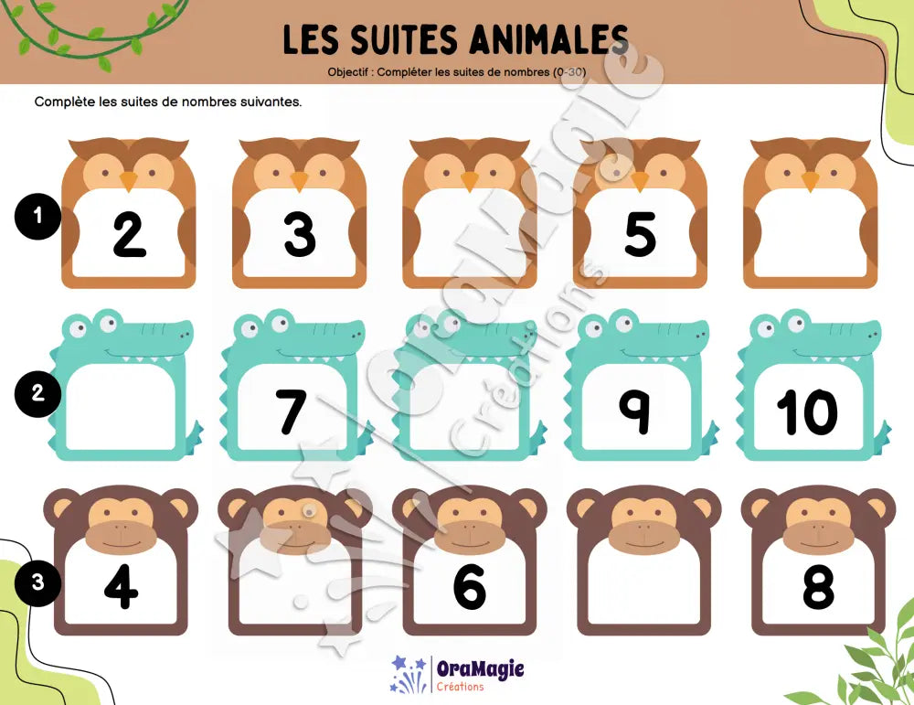 Les suites animales - Compléter les suites de nombres 0-30 - Produit numérique