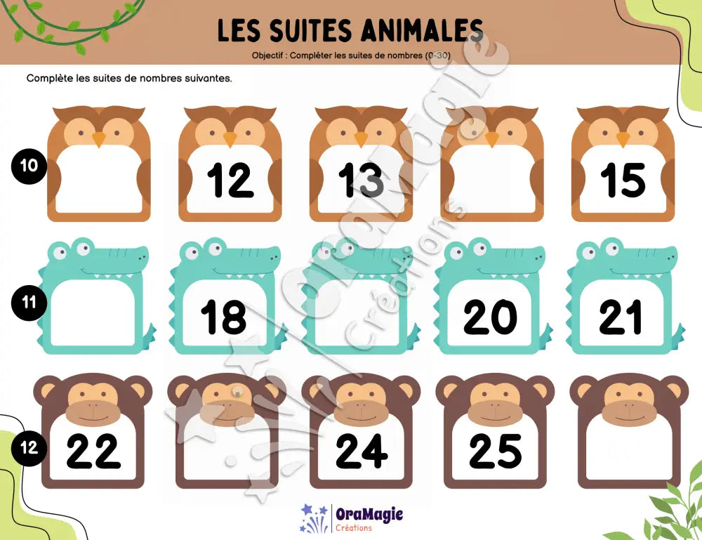 Les suites animales - Compléter les suites de nombres 0-30 - Produit numérique