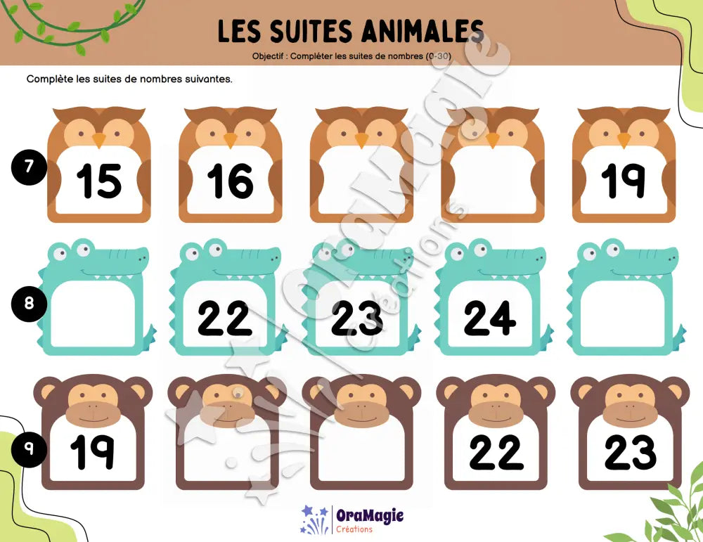 Les suites animales - Compléter les suites de nombres 0-30 - Produit numérique