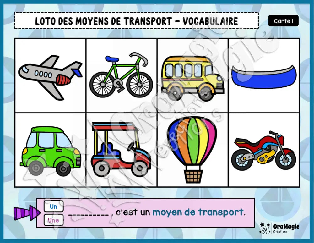 Loto des moyens de transport - Vocabulaire