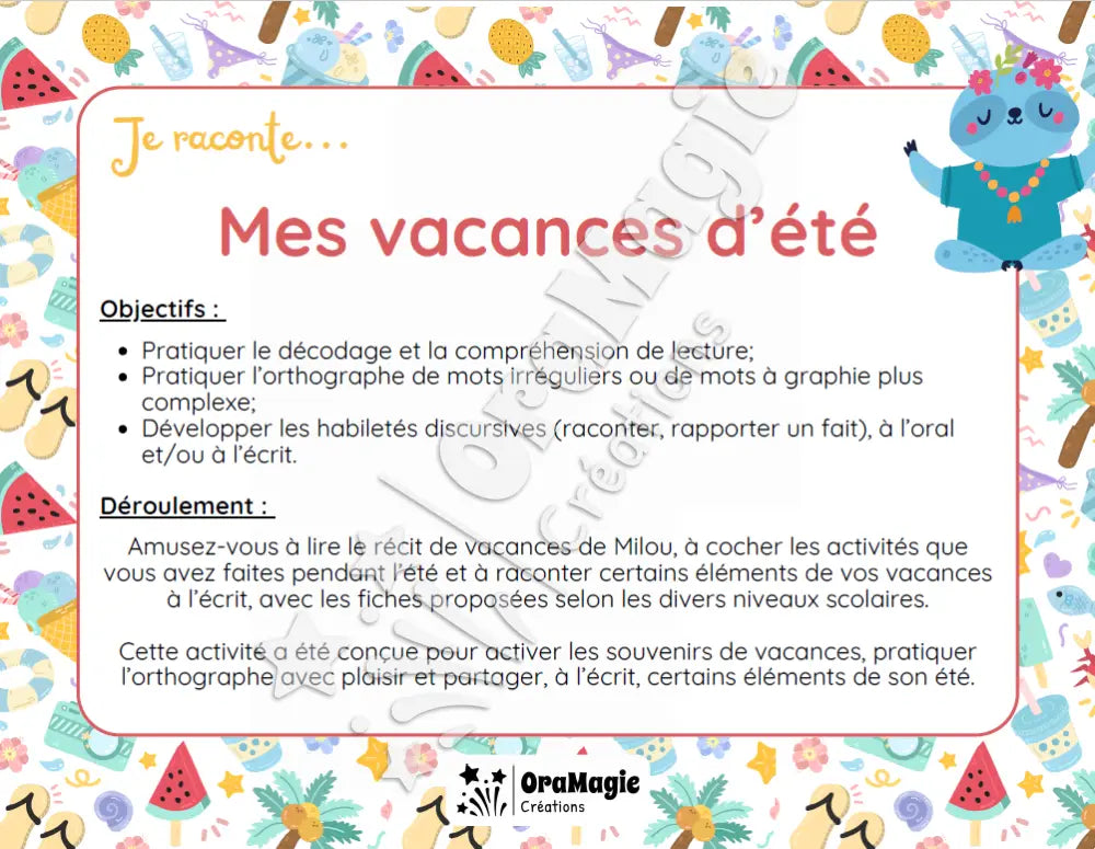 Mes vacances d’été - Discours lecture et écriture - Produit numérique