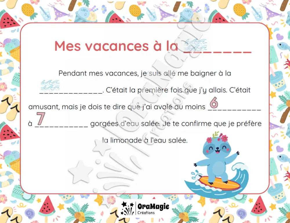 Mes vacances d’été - Discours lecture et écriture - Produit numérique