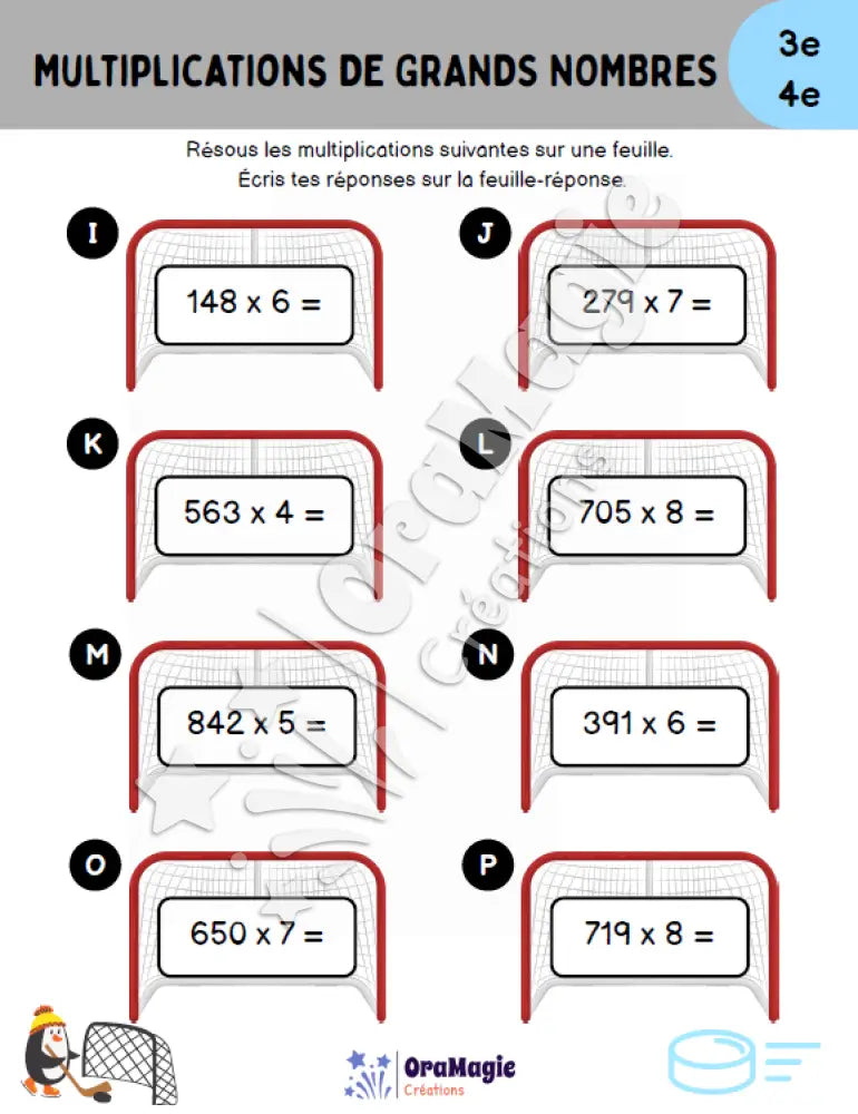 Multiplications de grands nombres - Hockey - 3e et 4e années - Produit numérique