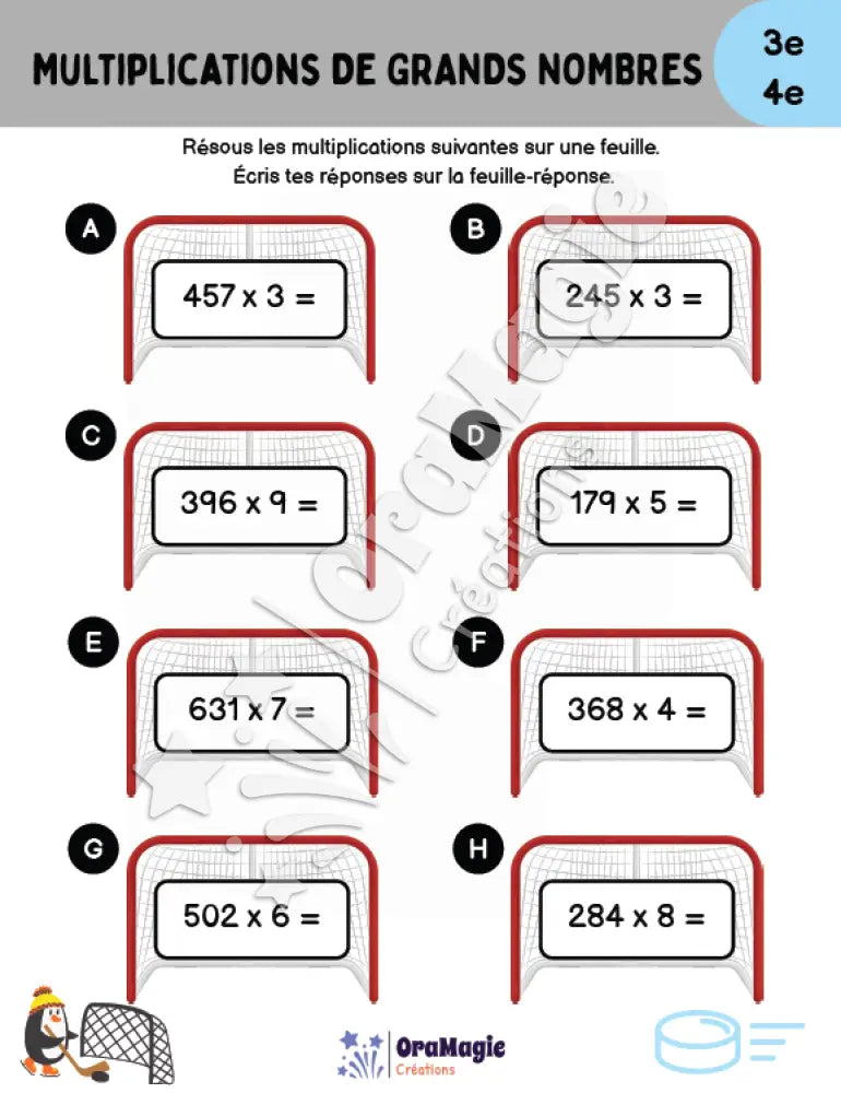 Multiplications de grands nombres - Hockey - 3e et 4e années - Produit numérique