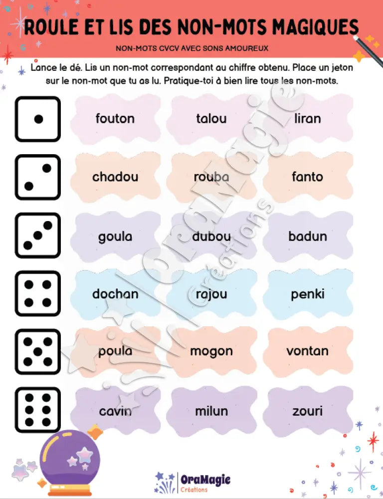 Roule et lis des non-mots magiques - CVCV avec sons amoureux - Produit numérique