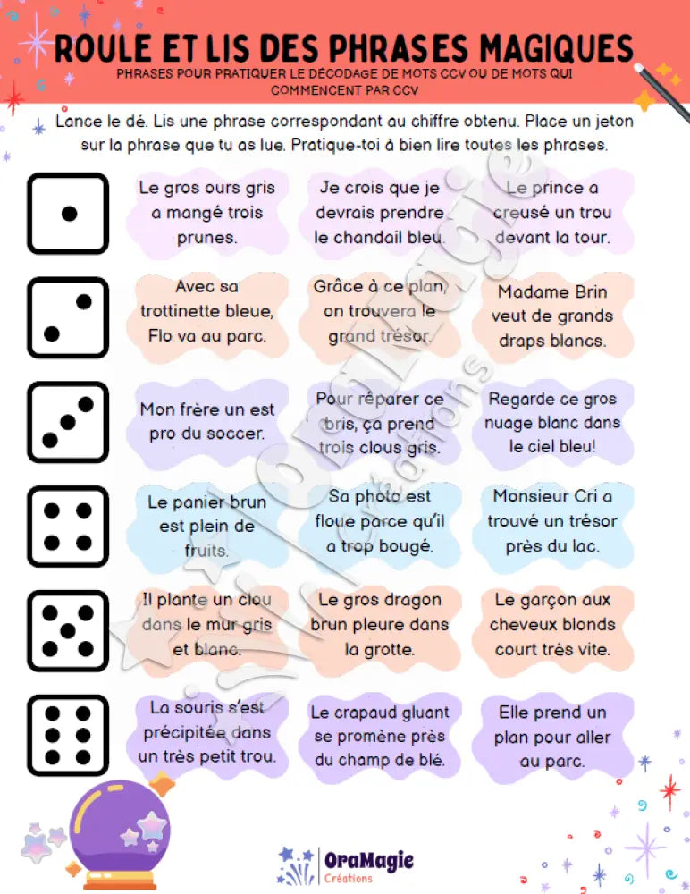 Roule et lis des phrases magiques - Avec mots CCV - Produit numérique
