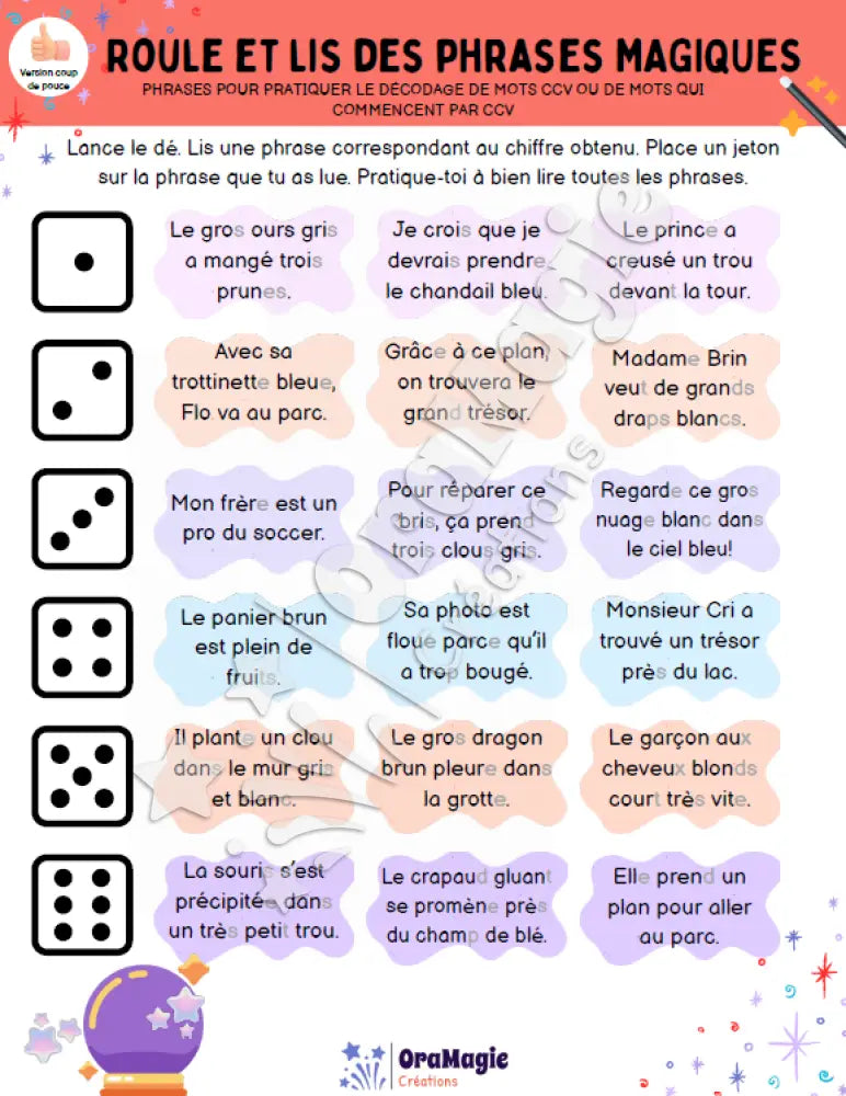 Roule et lis des phrases magiques - Avec mots CCV - Produit numérique