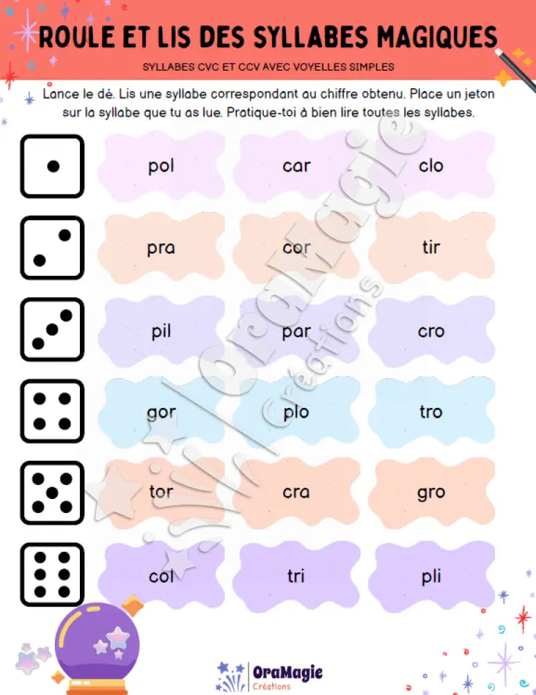 Roule et lis des syllabes magiques - CVC-CCV - Produit numérique