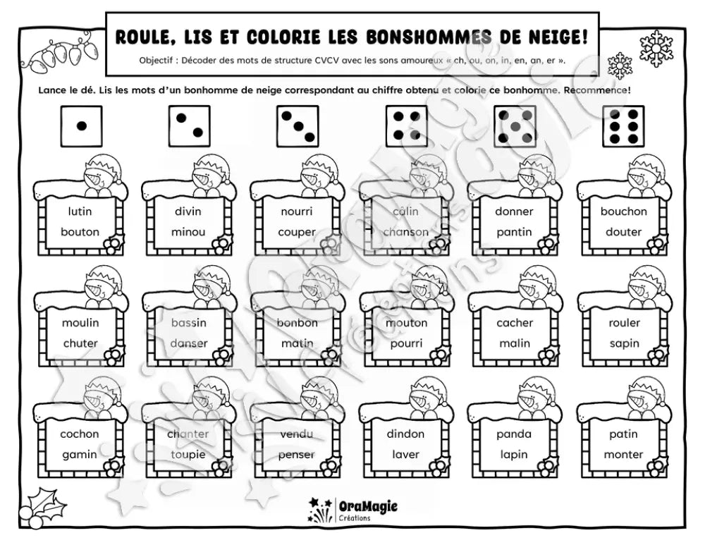 Roule, lis et colorie les bonshommes de neige - Décodage mots CVCV avec sons amoureux -ch, ou, on, in, en, an, er- Noël, 1re année, langage écrit.pdf