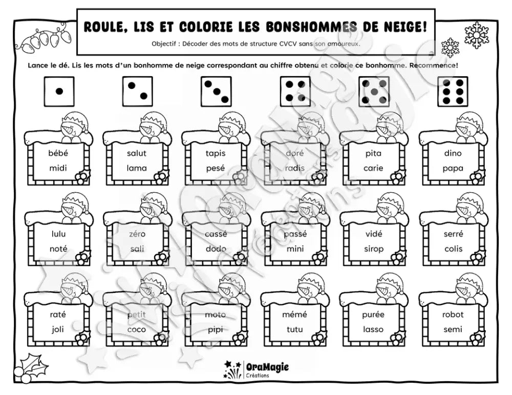 Roule, lis et colorie les bonshommes de neige - Décodage mots CVCV sans sons amoureux - Noël, 1re année, langage écrit.pdf