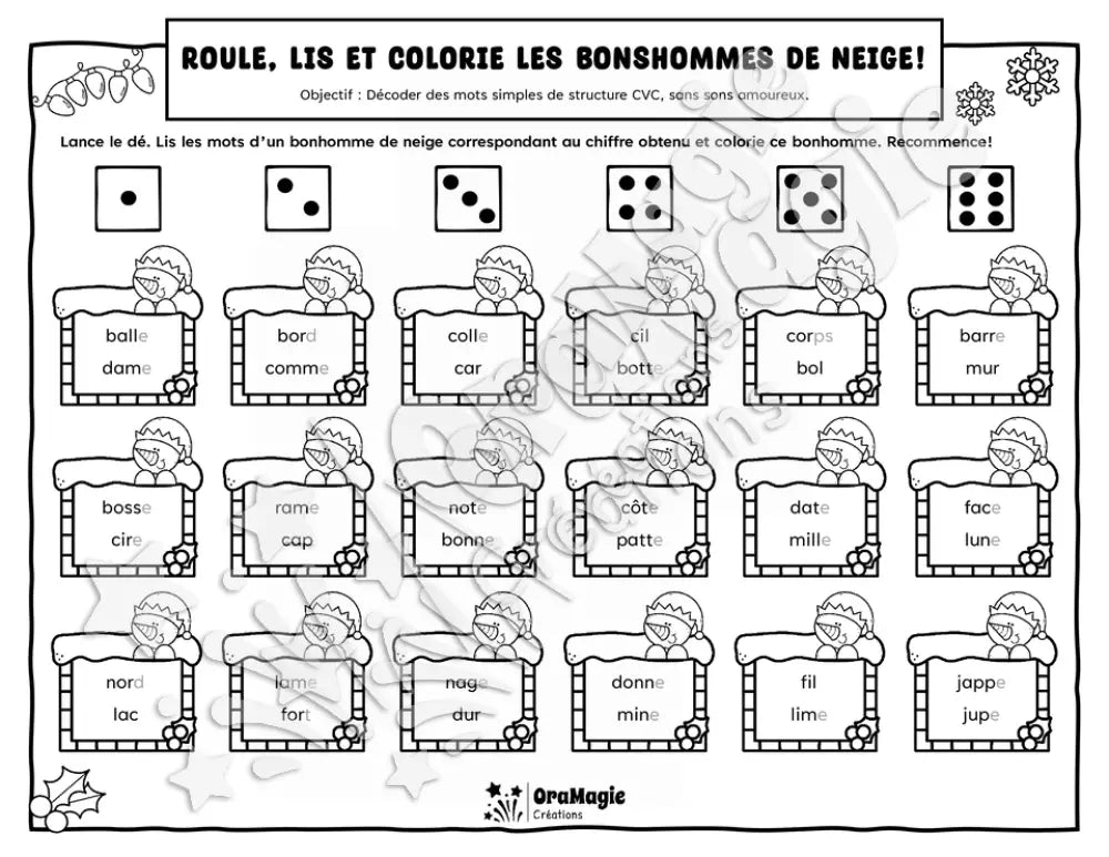 Roule, lis et colorie les bonshommes de neige - Décodage de mots simples de structure CVC, sans sons amoureux - Noël, 1re année, langage écrit.pdf