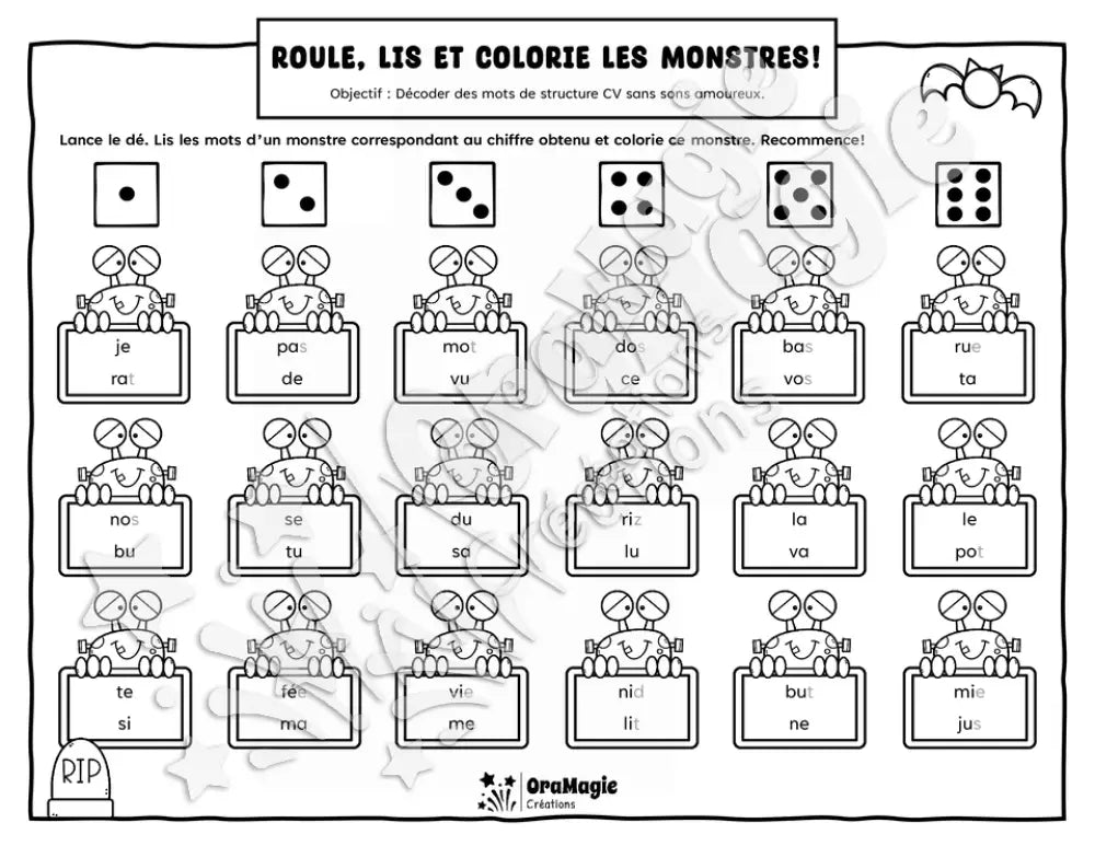 Roule, lis et colorie les monstres - Décodage mots CV sans sons amoureux - Halloween, 1re année, langage écrit.pdf