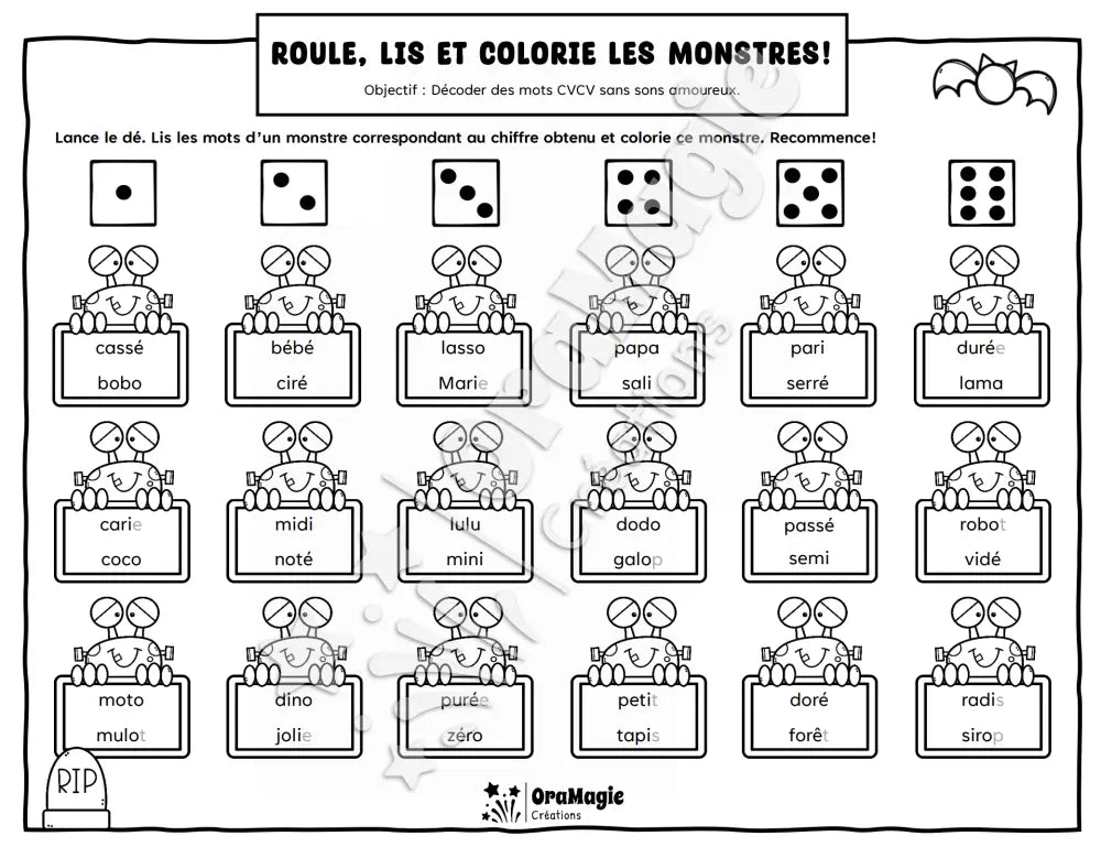 Roule lis et colorie les monstres - Décodage mots CVCV sans sons amoureux - Produit numérique
