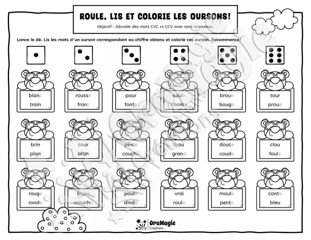 Roule lis et colorie les oursons - Décodage mots CVC-CCV avec sons amoureux - 1re année, langage écrit - 3$.pdf