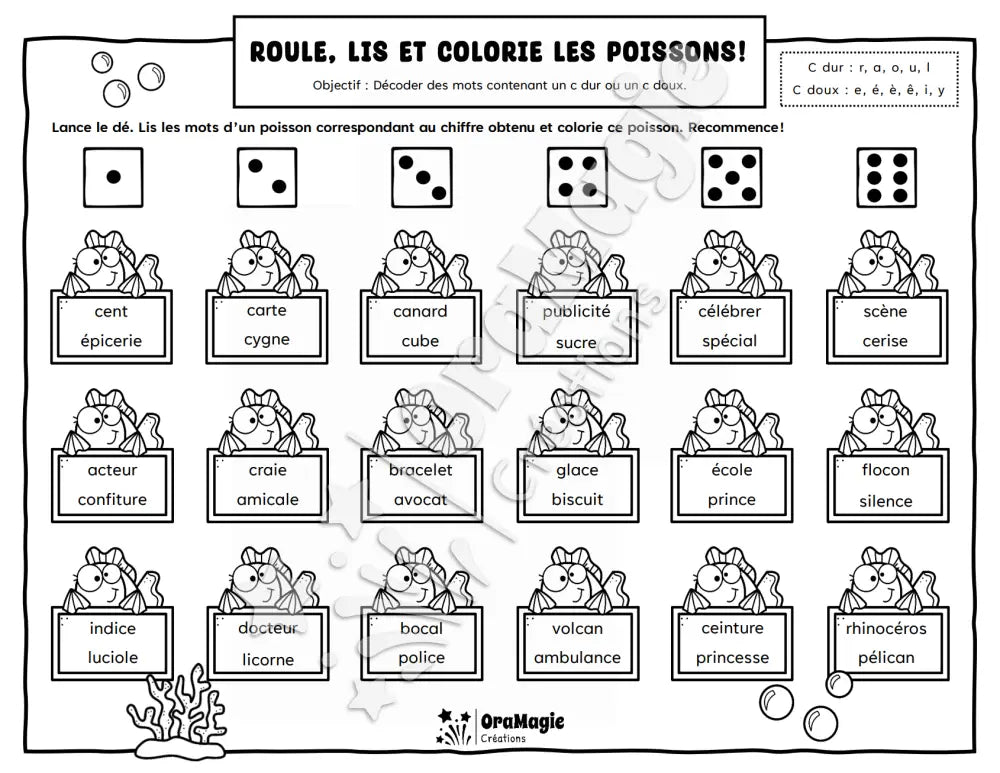 Roule lis et colorie les poissons - Décodage de mots contenant des c dur vs c doux - Produit numérique
