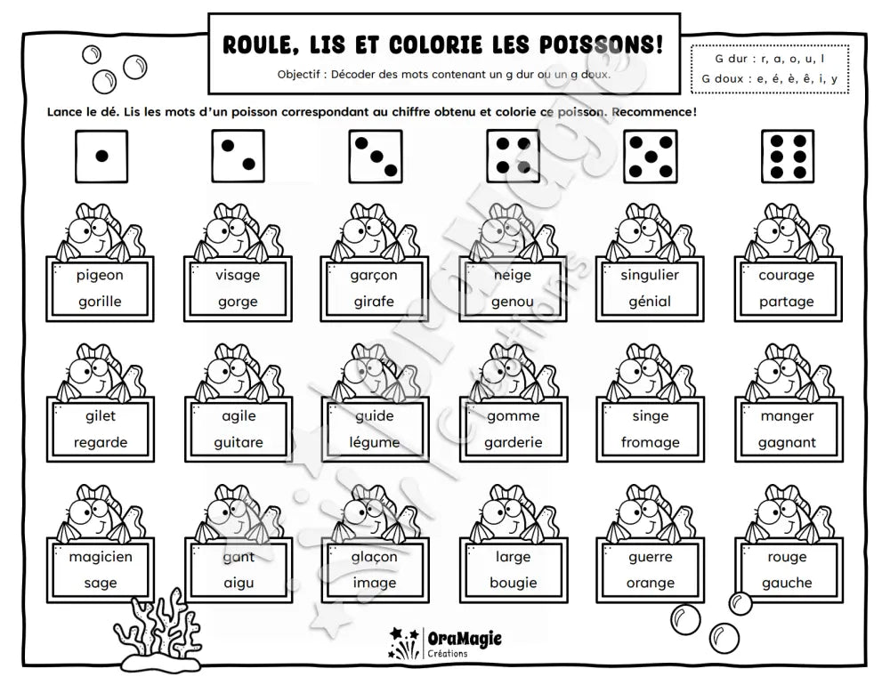 Roule lis et colorie les poissons - Décodage de mots g dur vs g doux - Produit numérique
