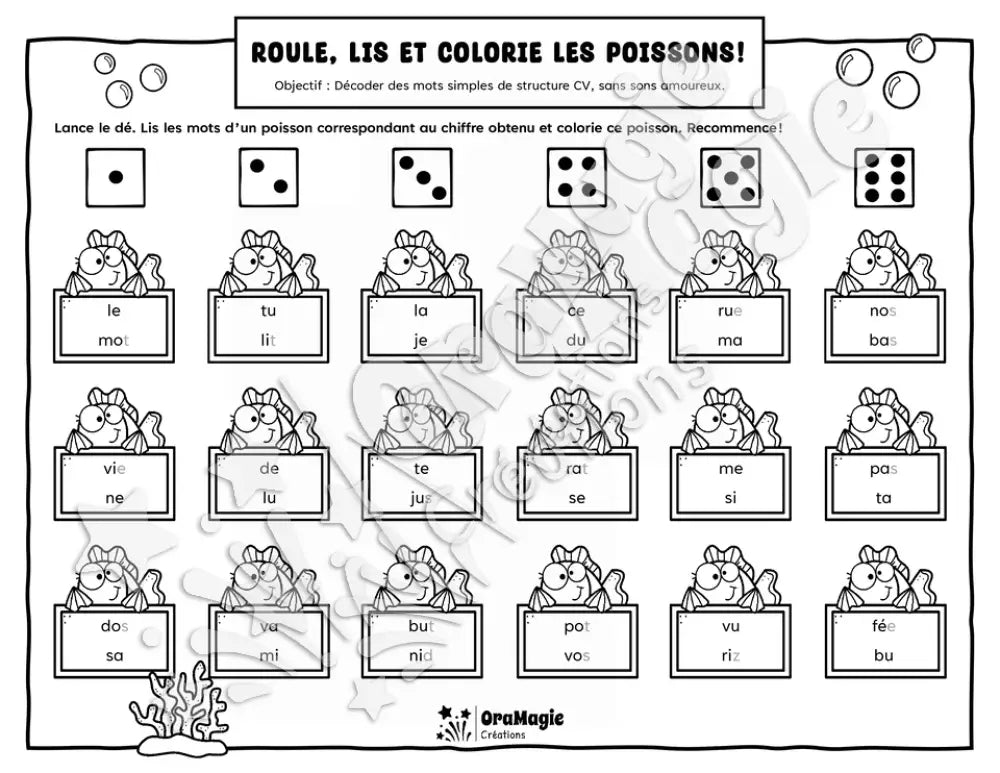 Roule, lis et colorie les poissons - Décodage mots simples de structure CV, sans sons amoureux - Langage écrit, 1re année.pdf