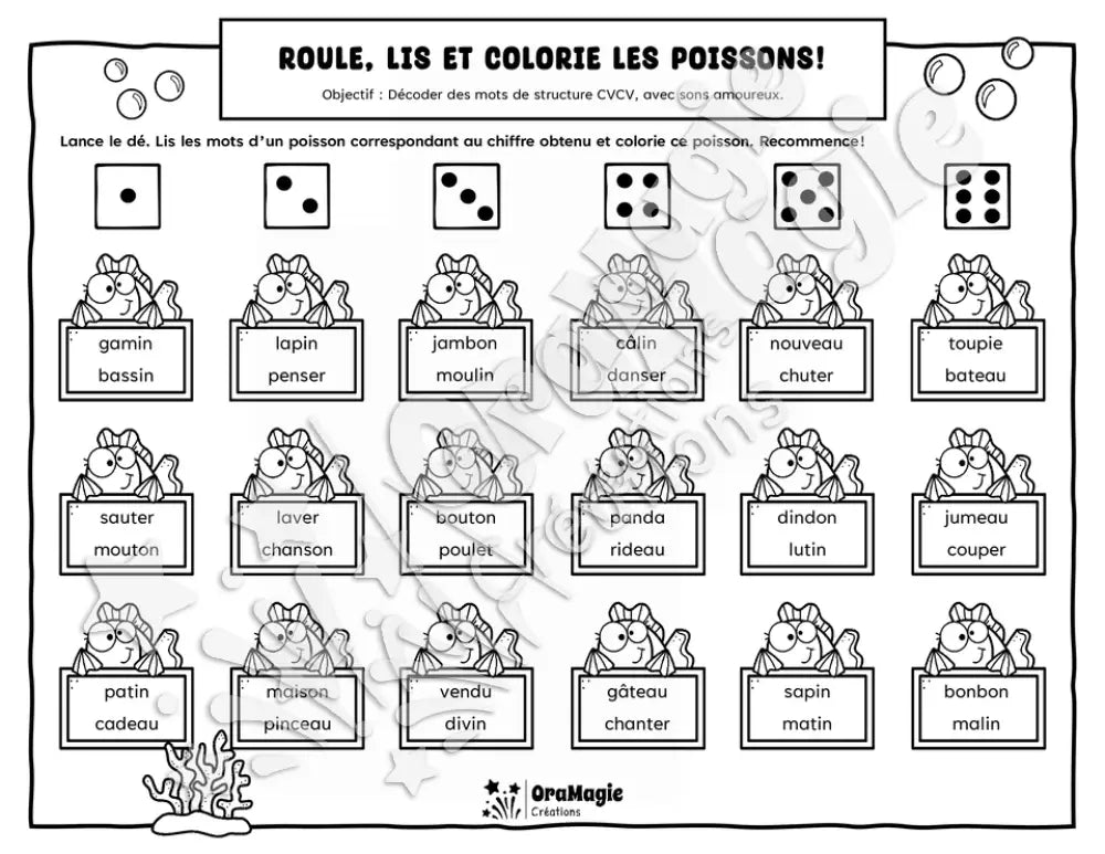 Roule, lis et colorie les poissons - Décodage mots CVCV AVEC sons amoureux - Langage écrit, 1re année.pdf