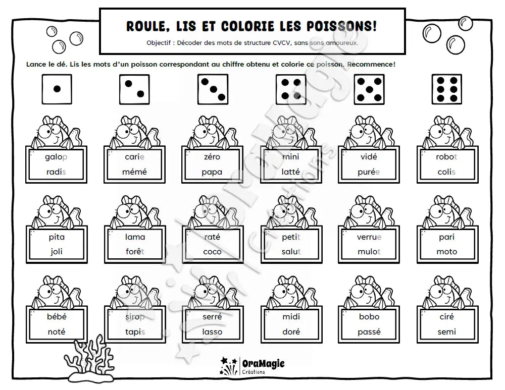 Roule lis et colorie les poissons - Décodage mots CVCV sans sons amoureux - Produit numérique